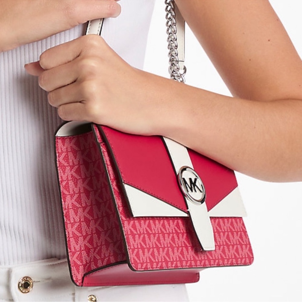 Michael Kors Greenwich Small Color-Block Signature Crossbody Bag Dark Raspberry - Picture 7 of 9